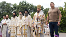 Monks from Mount Athos concelebrate with Drabinko in his cathedral in Kyiv