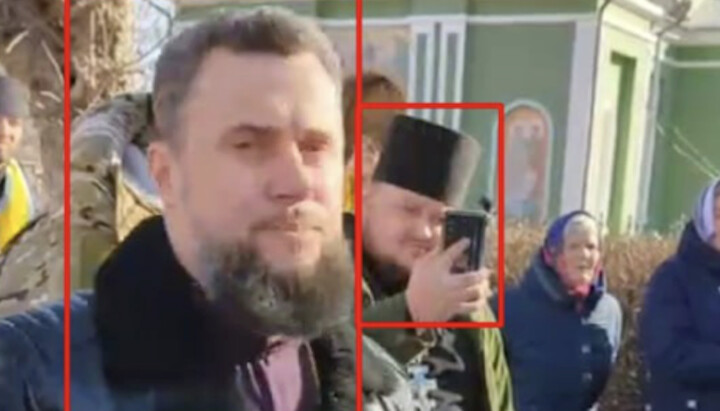 Roman Gryșciuk și Nazar Krasnodemski în timpul acaparării bisericii din Secureni. Imagine: t.me/dozor_kozak1