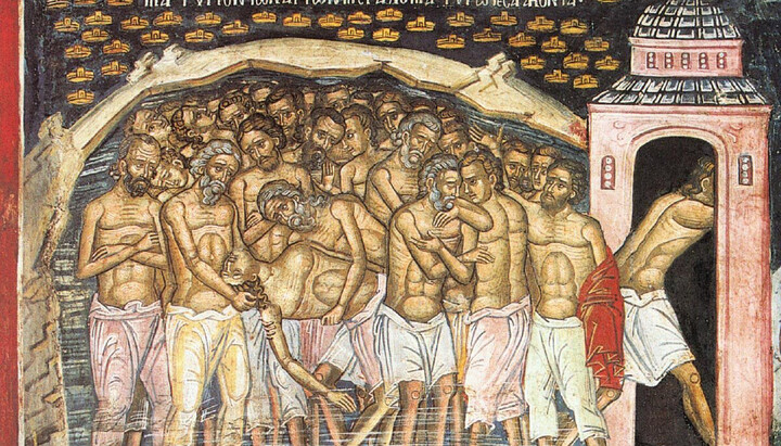 Only one of the martyrs gave in and ran to the bathhouse. Photo: Fresco from Dionysiou Monastery, Mount Athos, 1547