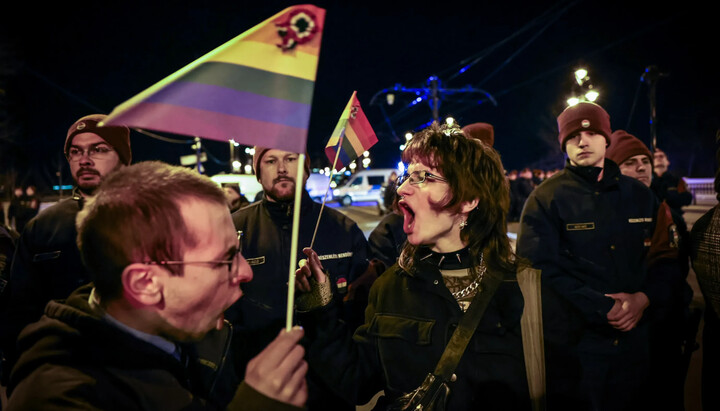 LGBT activists protest in Budapest against the law banning gay parades. Photo: Telex