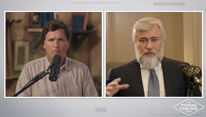 Interview of Fr. Vadym Novinsky with Tucker Carlson. Photo: Carlson's YouTube channel