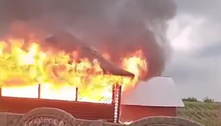 Arson of an outbuilding on the grounds of Bancheny Monastery. Photo: Screenshot from the monastery’s video