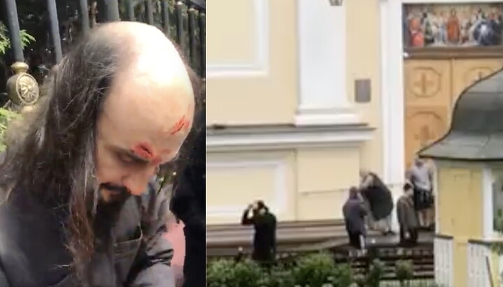 Побитий священник УПЦ і група рейдерів, які знаходяться на території собору. Фото: скріншот