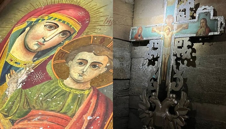 Образ Казанської ікони Божої Матері ХХ ст. і процесійний хрест ХІХ ст. з дзвіниці села П'ятидні. Фото: Іванна Білішук